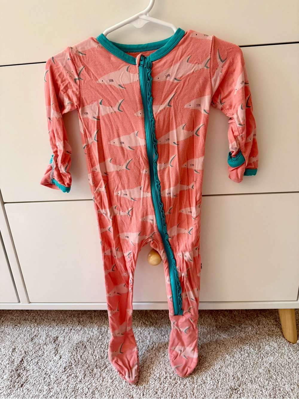 Kickee Pants Coral Shark Print Footie with Teal Trim